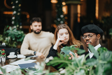 Focused team working together in a festive environment with holiday decoration.