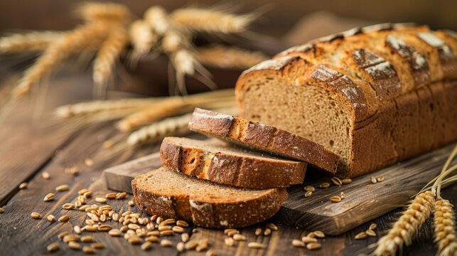 whole and sliced bread with ears and wheat grain on wooden background