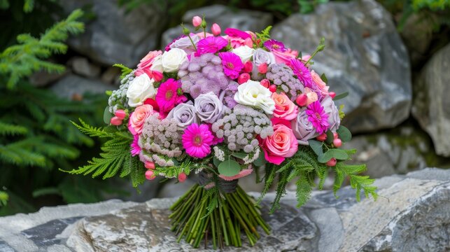  a bouquet of pink and white flowers sitting on top of a stone wall next to a pile of green leaves.