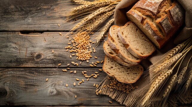 whole and sliced bread with ears and wheat grain on wooden background