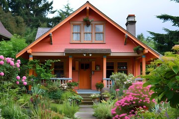A delightful craftsman house painted in a warm peach hue, blending harmoniously with the natural landscape.