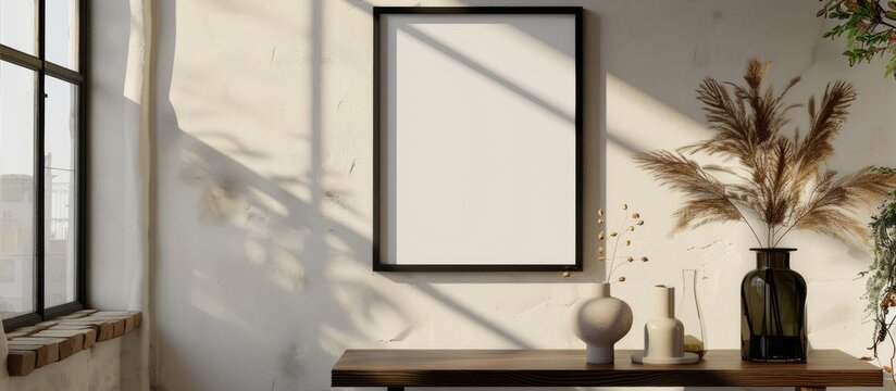 Minimal 3D-rendered mockup of a black wooden photo frame above a table in a sunlit interior setting for displaying artwork.