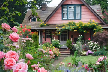 Fototapeta na wymiar A quaint craftsman cottage exterior featuring light blush pink tones, surrounded by a garden of blooming roses.