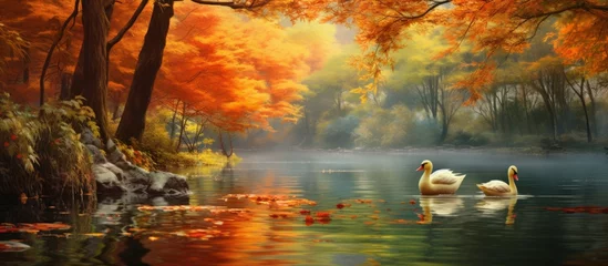 Foto op Aluminium Two swans gracefully glide across the water of a tranquil lake, embraced by the colorful autumn trees. The natural landscape is a painting of serenity and wildlife © AkuAku