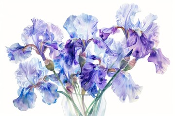 beautiful iris flowers in rich purples and blues nestled in a modern glass vase on white background watercolor 