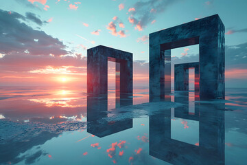 geometric shapes in nature at sunset. the concept of going through a portal to another world. new world and stage in life