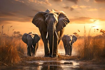 Obraz premium family of African elephants walk along the savanna. mammals and wildlife