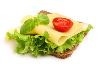 Tasty sandwich with cheese, tomato and lettuce on white background