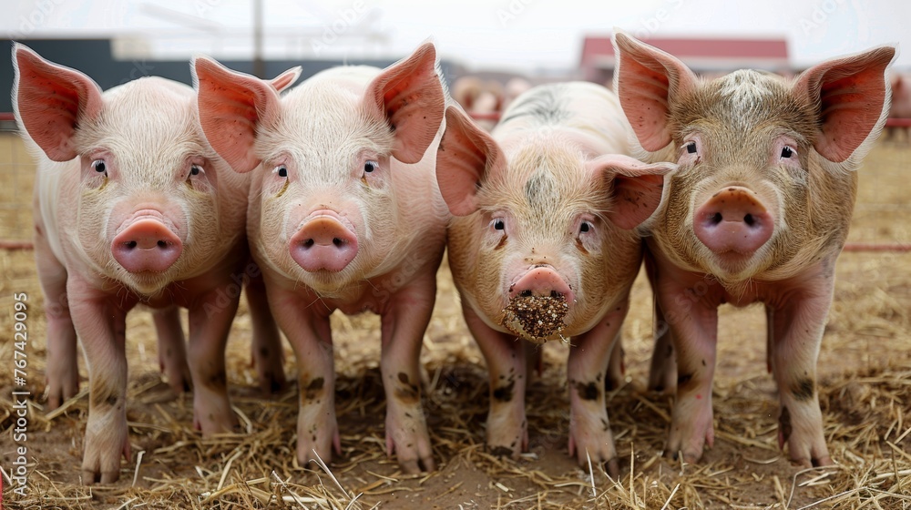 Poster automated feeding system in vast swine farm providing feed to pigs in large production unit