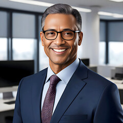 portrait/studio photograph/headshot of a handsome smiling middle-aged graying businessman with glasses in a business suit and tie in an office - confident, competent employee or executive