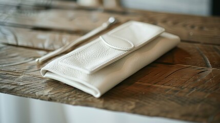 White leather wallet on the wooden table - obrazy, fototapety, plakaty