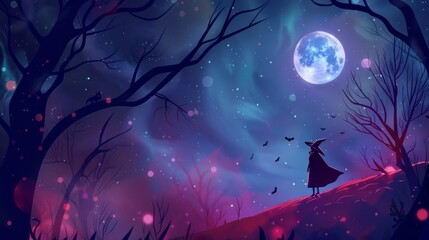 Halloween banner with the moon and a witch in dark colors  - obrazy, fototapety, plakaty