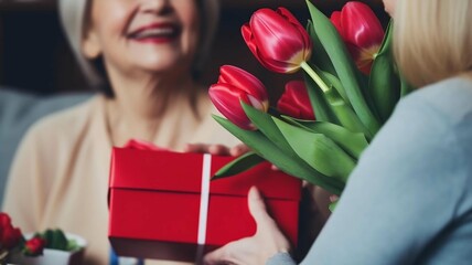 Women Exchanging Gift Box with Tulips
