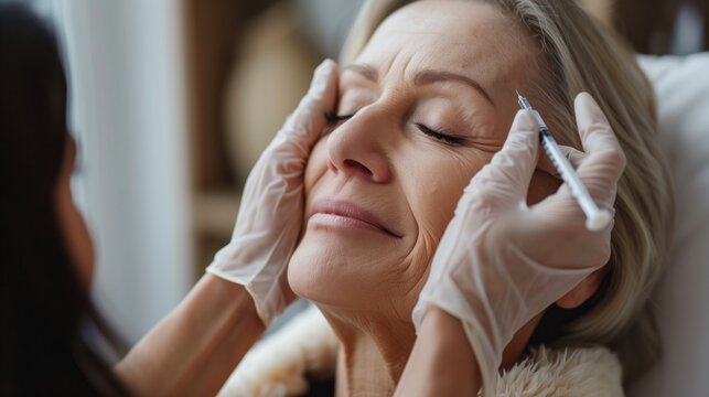 Beautiful mature woman receiving botox injection in her face at beauty salon