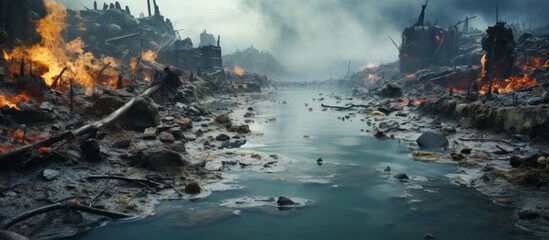 Scattered remnants and flames cover the riverbank, creating a chaotic scene amidst the flowing water