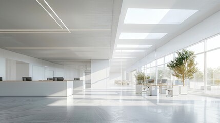 Interior modern open space white office building in daylight view. AI generated