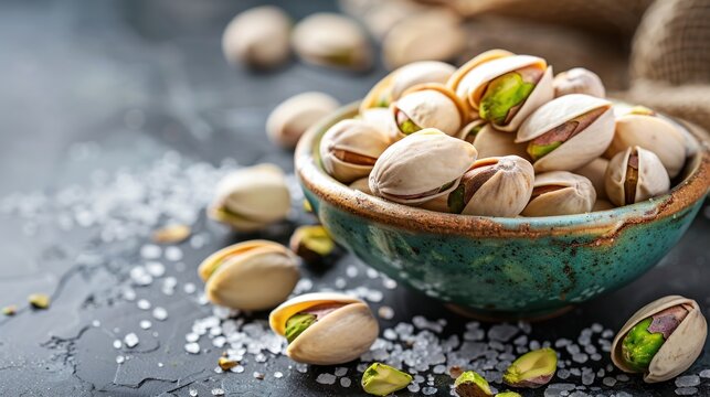Tasty salt pistachio nuts food seeds on bowl on the wooden desk. AI generated image