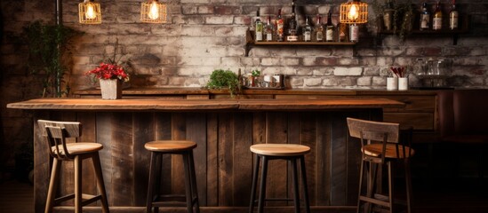 A bar with wooden stools, hardwood tables, and a brick wall. The building has a rustic charm perfect for any event or gathering
