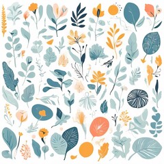 A collection of seamless pattern, colorful abstract plants and flowers. Hand drawn Collection of leaves and flowers. A close up of a pattern of flowers and leaves.
