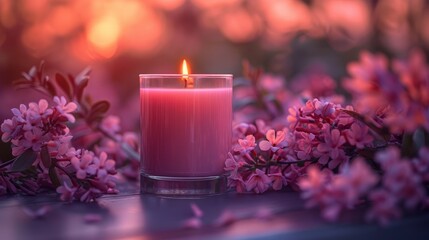 A composition with a candle and flowers