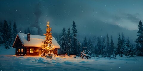 Inviting Wintry Cabin with Glowing Chimney and Christmas Tree: A Cozy Gathering Place. Concept Winter Retreat, Festive Decor, Cozy Atmosphere, Christmas Gathering, Rustic Charm