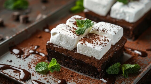 Marshmallow with mint leaves closeup on a chocolate cake 