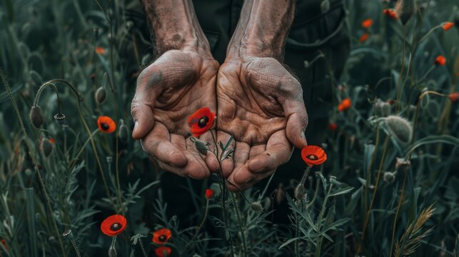  a person holding out their hands in front of a field of wildflowers with their hands in the air.