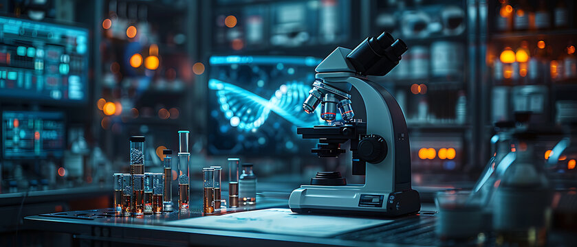 A cutting-edge medical research laboratory featuring a microscope and test tubes filled with biochemicals on the desk, showcasing the advanced biotechnology development center with high-tech equipment