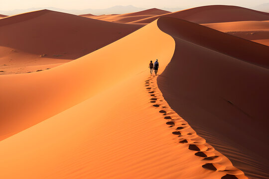 two people walk along the sands of the desert dunes. human life path concept