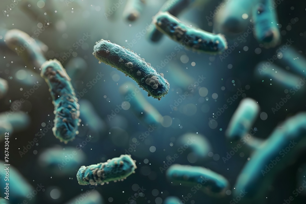 Poster exploring probiotic bacteria in the digestive system: a microscopic view of escherichia coli and oth