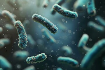 Fototapeta premium Exploring Probiotic Bacteria in the Digestive System: A Microscopic View of Escherichia coli and Other Organisms. Concept Microbiome Diversity, Bacterial Colonies, Digestive Health