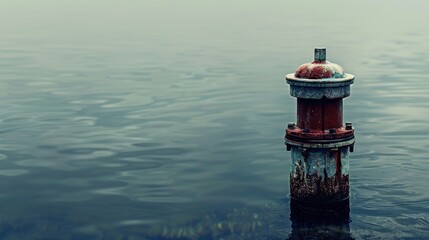 A red hydrant in a calm plenty of water. AI generated image - obrazy, fototapety, plakaty