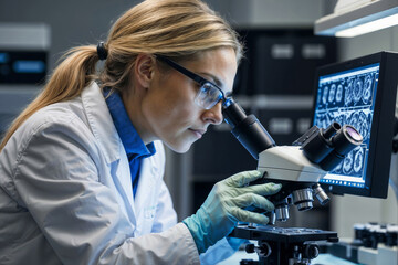 Female lab technician examining biomaterial samples under microscope for cell structure observation