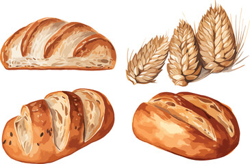 Set of baking, bread, bakery product  in watercolor style. Buns, baguettes, bread, pastries, and other baked goods. Vintage watercolor concept for a bakery or cafe menu design