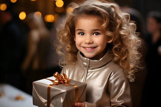 A smiling young girl holds a gift box at a party, wearing a shiny gold dress and curly hair.