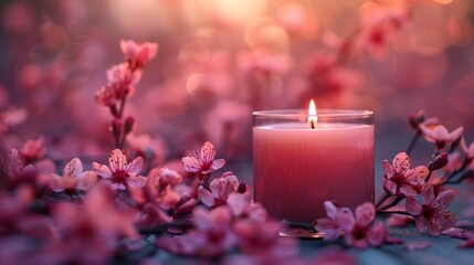 A composition with a candle and flowers