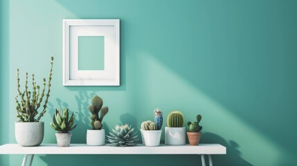 Obraz na płótnie Canvas Living room with cactus plants in pots and frame on the table against turquoise wall background.