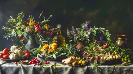  a table topped with lots of different types of flowers and vases filled with different types of fruits and vegetables.