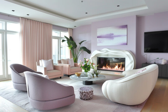 Dreamy lavender and blush tones, a sculptural fireplace adds modern elegance.