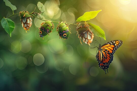 A butterfly is perched on a branch, showcasing its vibrant colors and delicate wings. Generative AI