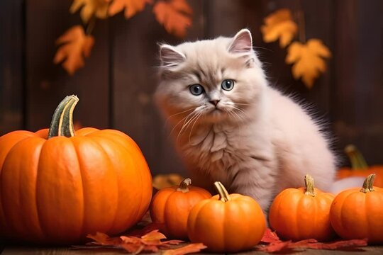 A fluffy white kitten sits amidst pumpkins and autumn leaves, looking adorable and curious, perfect for fall themes.