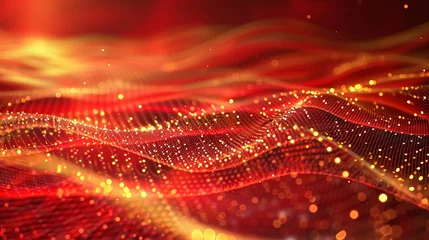 Rolgordijnen Abstract red and gold particle background. Flow wave with dot landscape. Digital data structure. Future mesh or sound grid. Pattern point visualization. Technology vector illustration. © Jalal