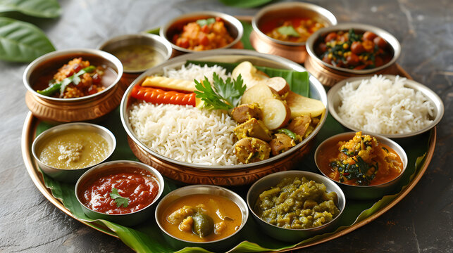 Traditional Onam Sadya vegetarian meal served on festival day with rice and curries. Represents the rich cultural heritage of Kerala.