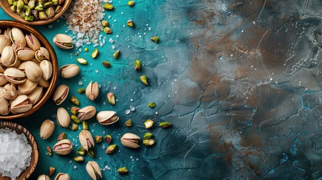 Tasty salt pistachio nuts food seeds on bowl on the wooden desk. AI generated image