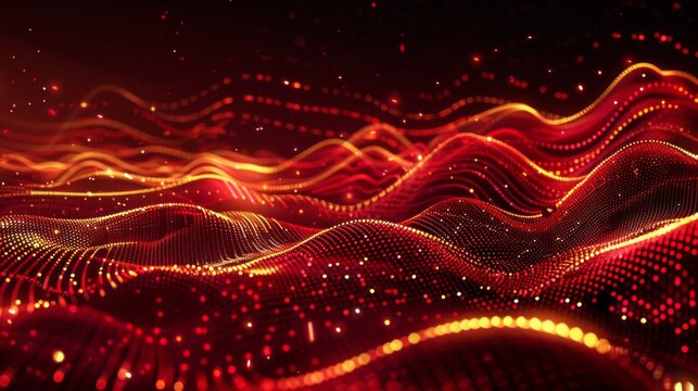 Abstract red and gold particle background. Flow wave with dot landscape. Digital data structure. Future mesh or sound grid. Pattern point visualization. Technology vector illustration.