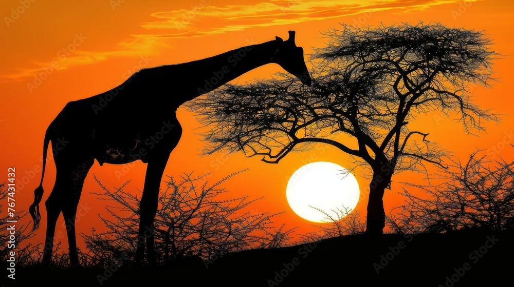 Canvas Prints  a giraffe standing next to a tree with the sun setting in the backgrounnd behind it.