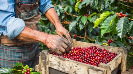 Farmer harvesting arabica and robusta coffee berries by hand in agricultural field