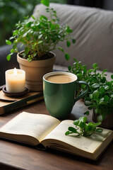 green tea in a garden open book reading peaceful moment