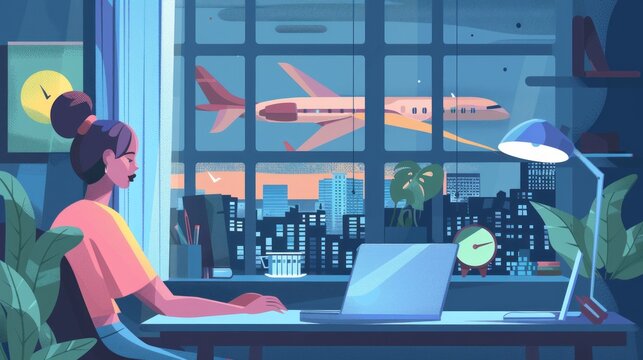 Airplane travel theme with woman using her laptop in her home office