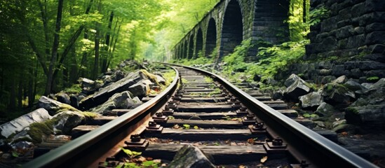 A railway track cutting through a lush forest with towering trees and terrestrial plants, while a...